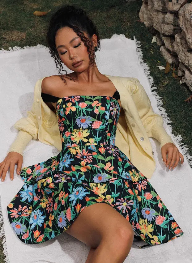 Simona Colorful Print A Line Strap Satin Mini Dress Avalabel