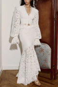 emily Lace Trimmed Puff Sleeved Top & Fishtail Skirt Set in white Avalabel