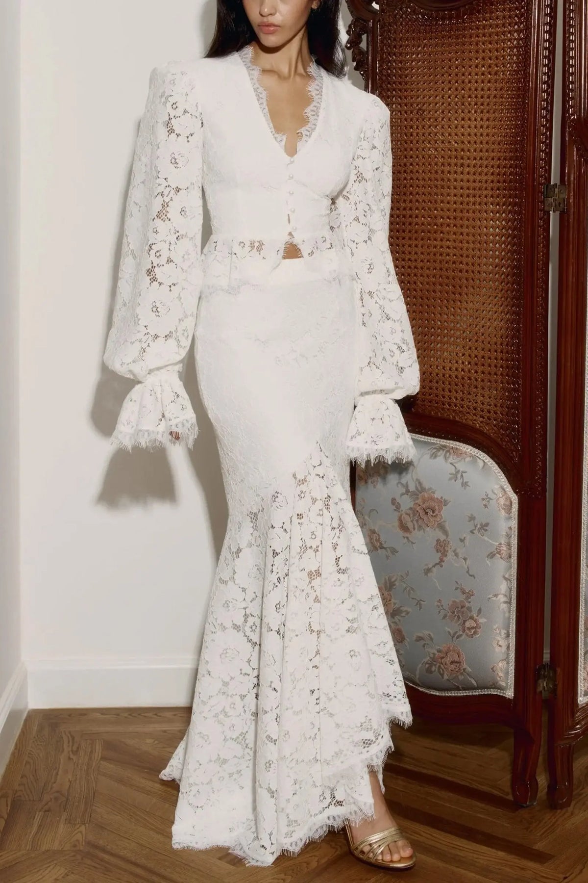 emily Lace Trimmed Puff Sleeved Top & Fishtail Skirt Set in white Avalabel
