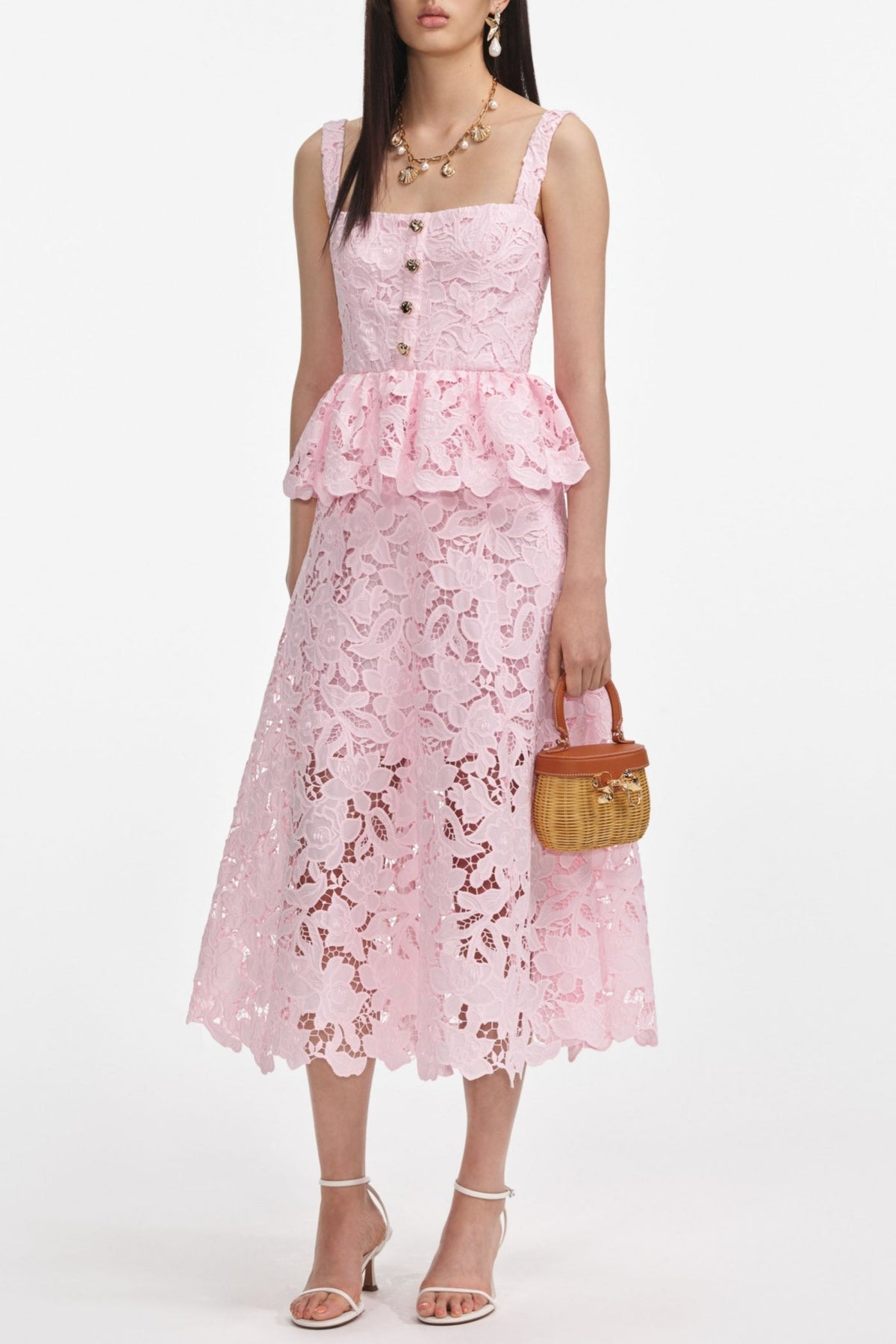 Pink Lace Peplum Midi Dress Avalabel