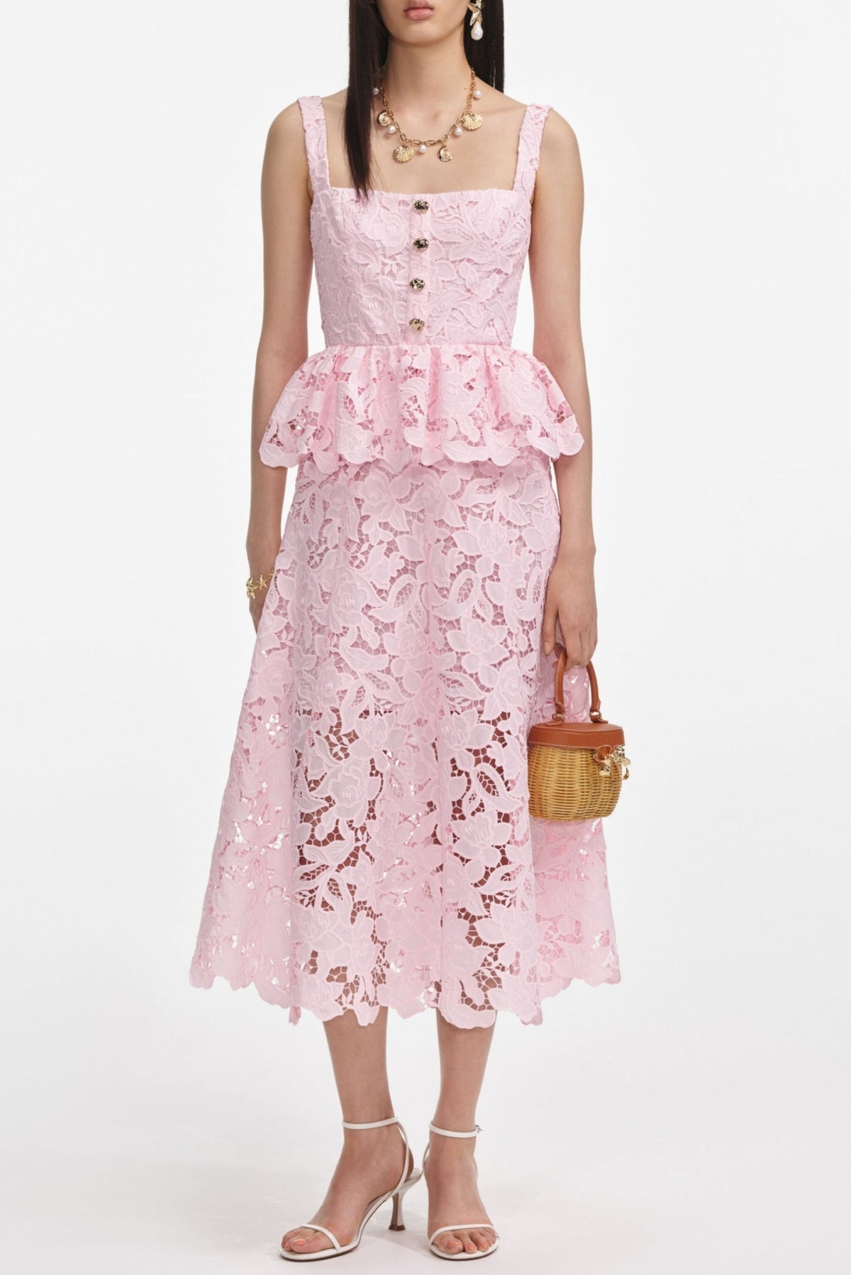 Pink Lace Peplum Midi Dress Avalabel