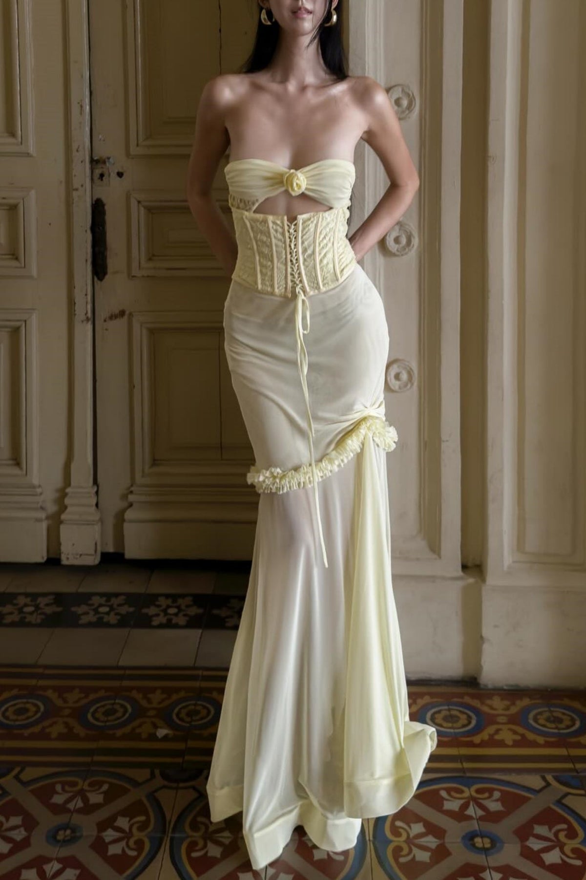 Mesh Cutout Corset Maxi Dress - Yellow Avalabel