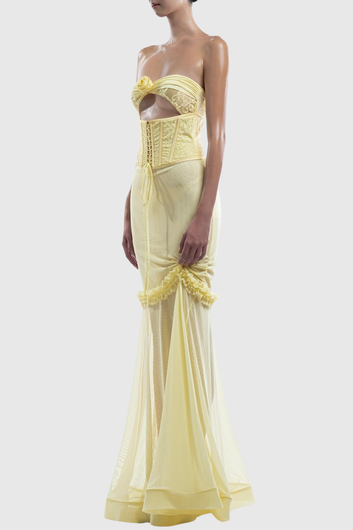 Mesh Cutout Corset Maxi Dress - Yellow Avalabel