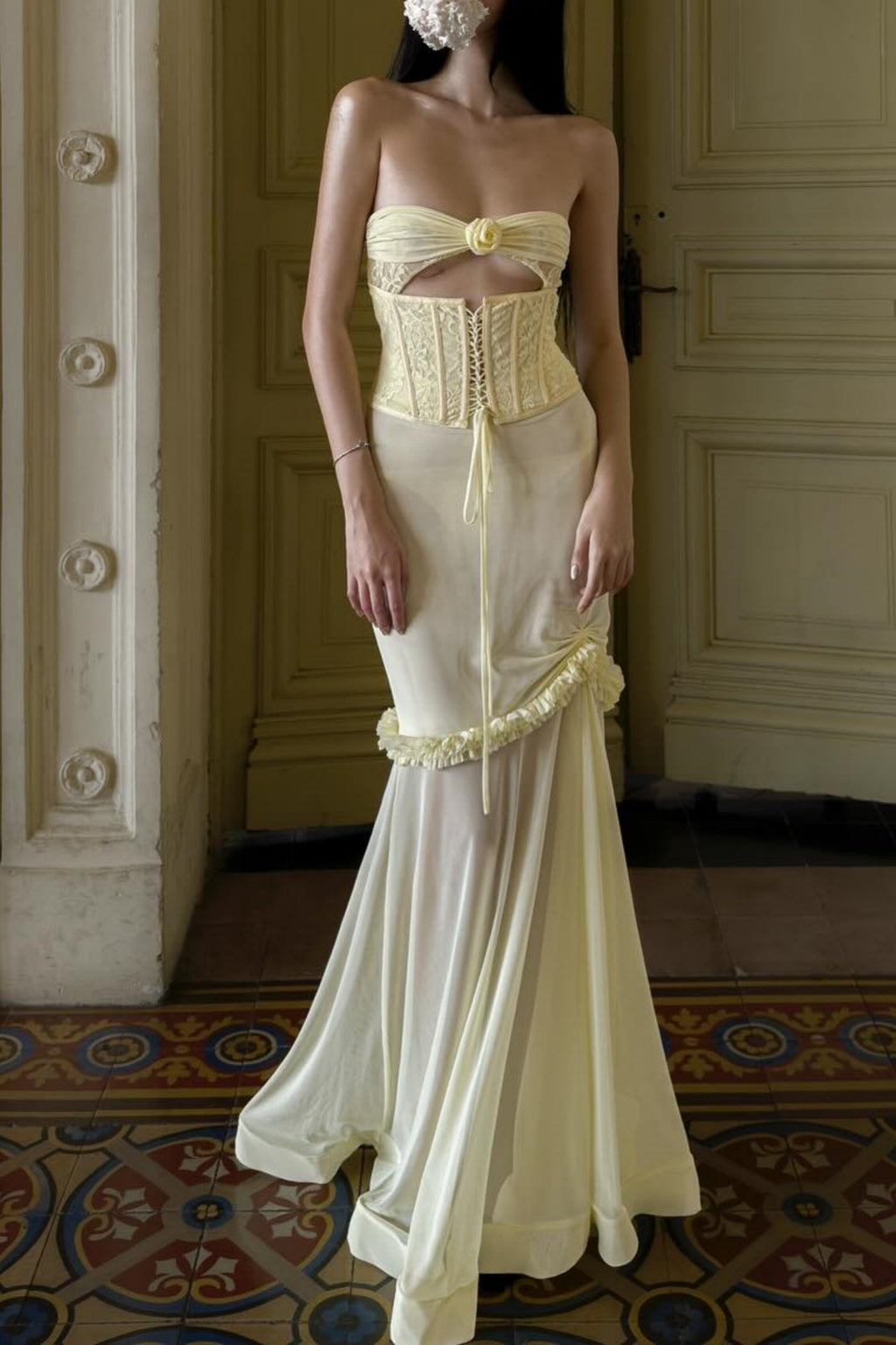 Mesh Cutout Corset Maxi Dress - Yellow Avalabel