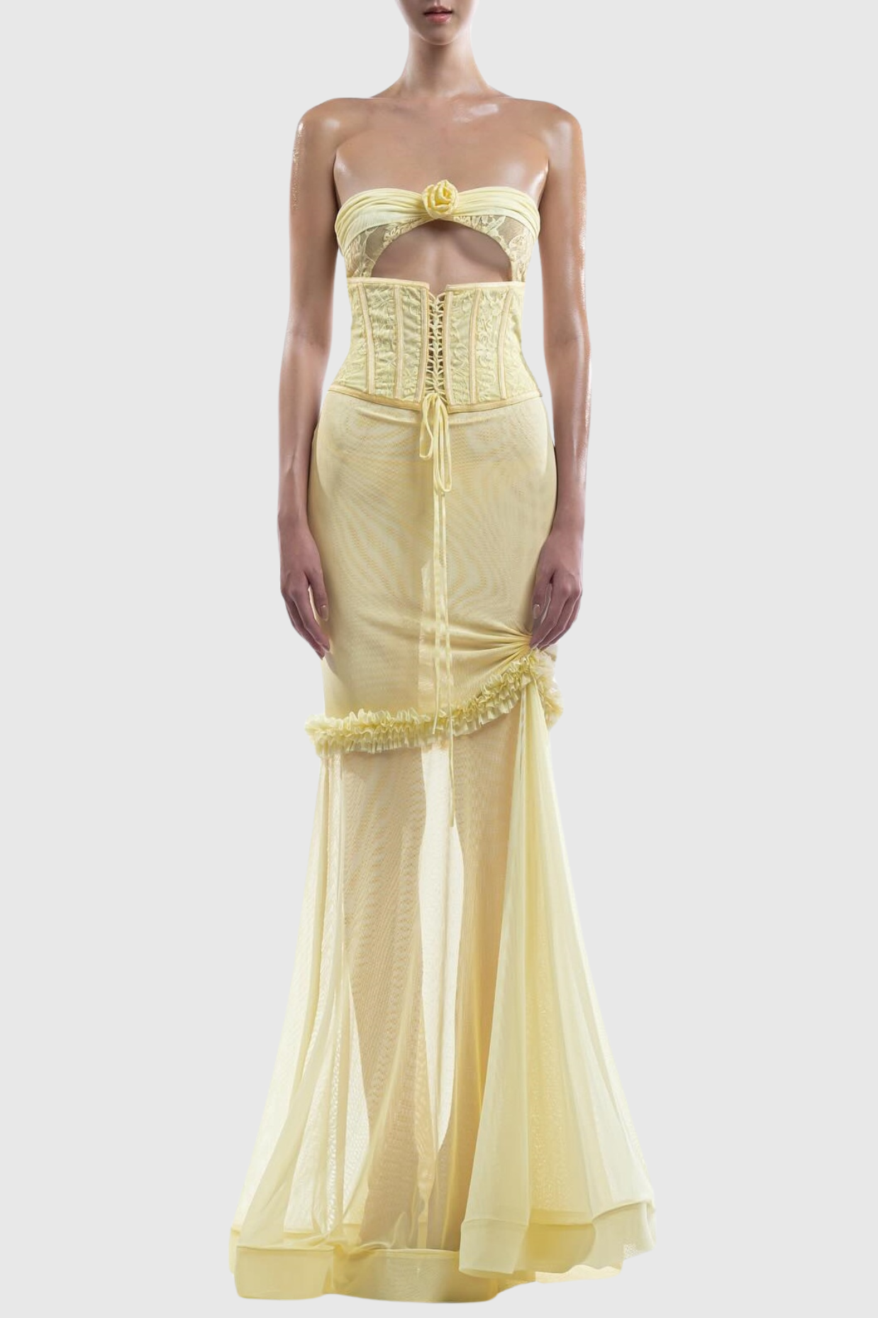 Mesh Cutout Corset Maxi Dress - Yellow Avalabel