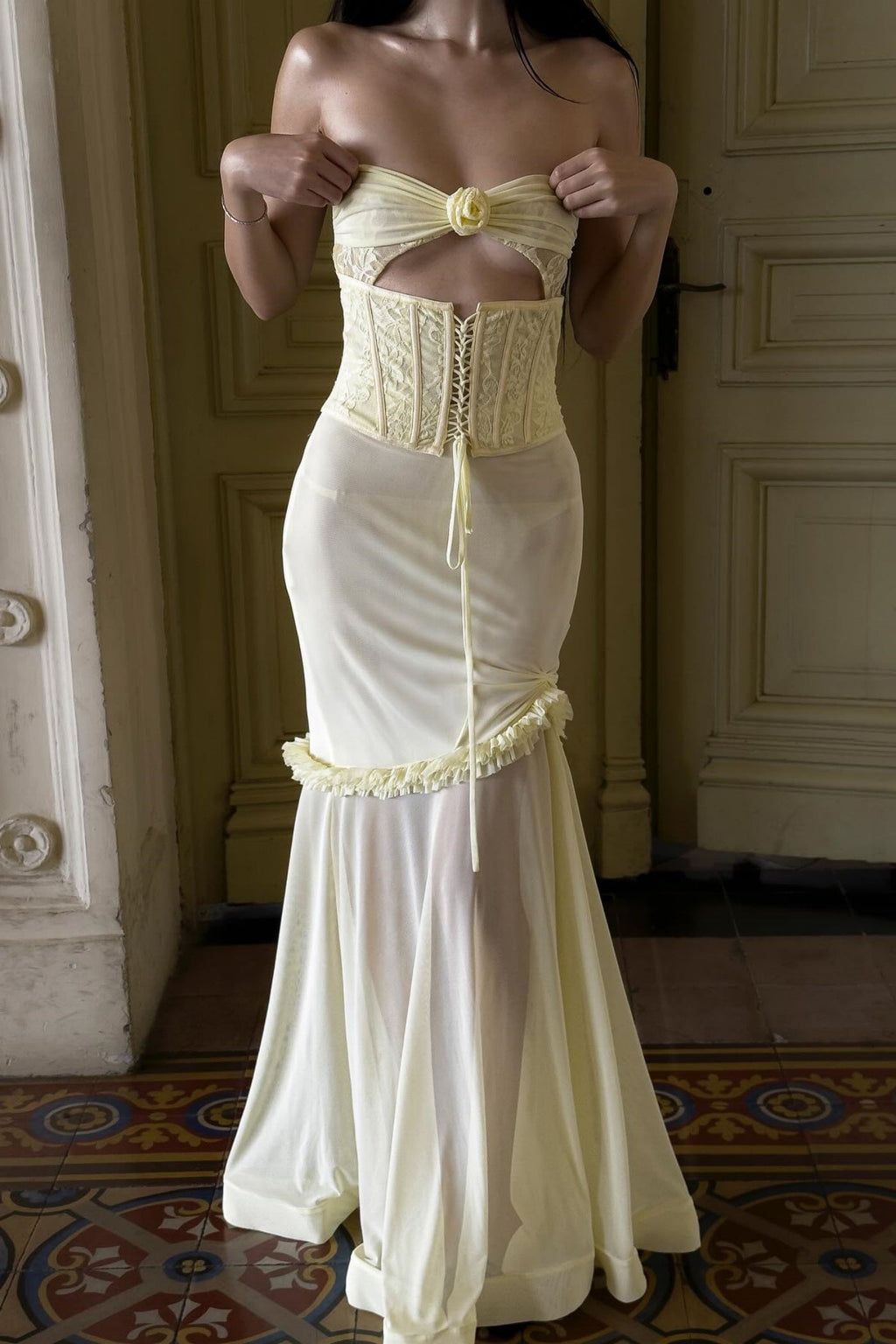 Mesh Cutout Corset Maxi Dress - Yellow Avalabel