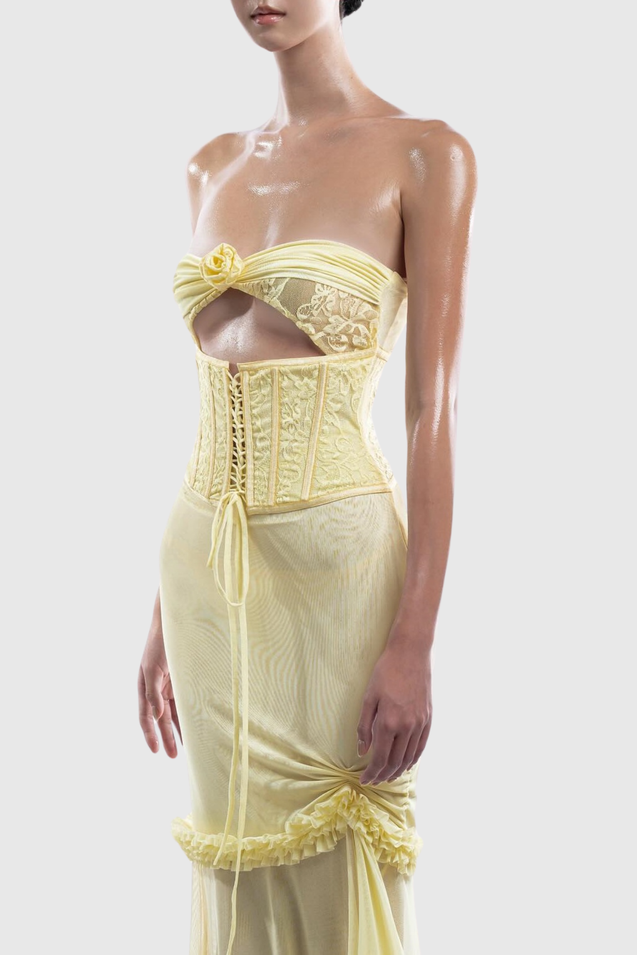 Mesh Cutout Corset Maxi Dress - Yellow Avalabel