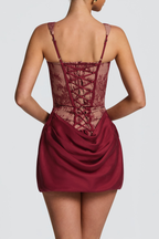 Leobal Lace Corset Ruched Mini Dress - Red Avalabel
