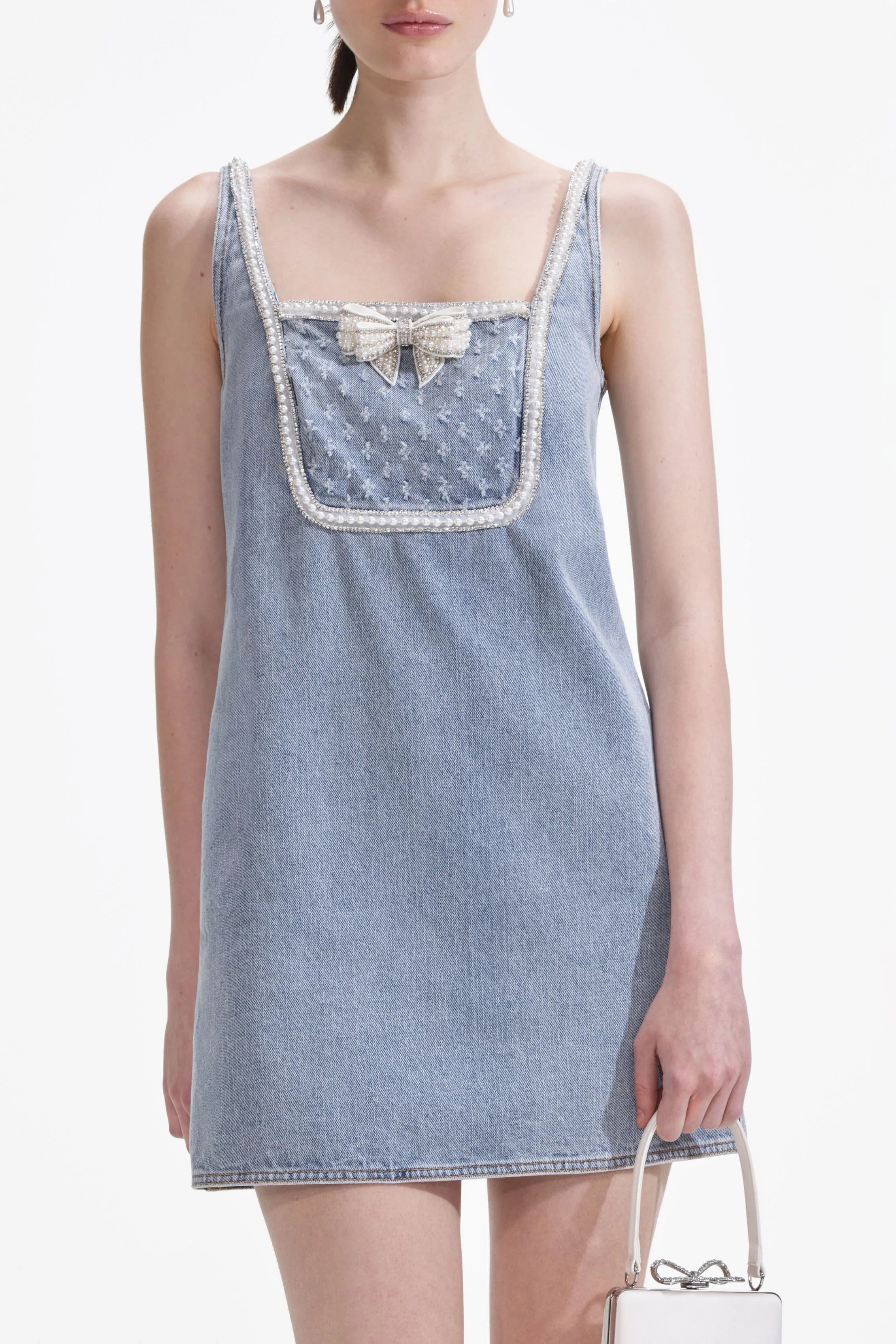 Light Blue Denim Bow Mini Dress Avalabel