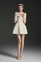 Cora Light Yellow Silk Lined Lacquered Brocade Mini Dress Avalabel