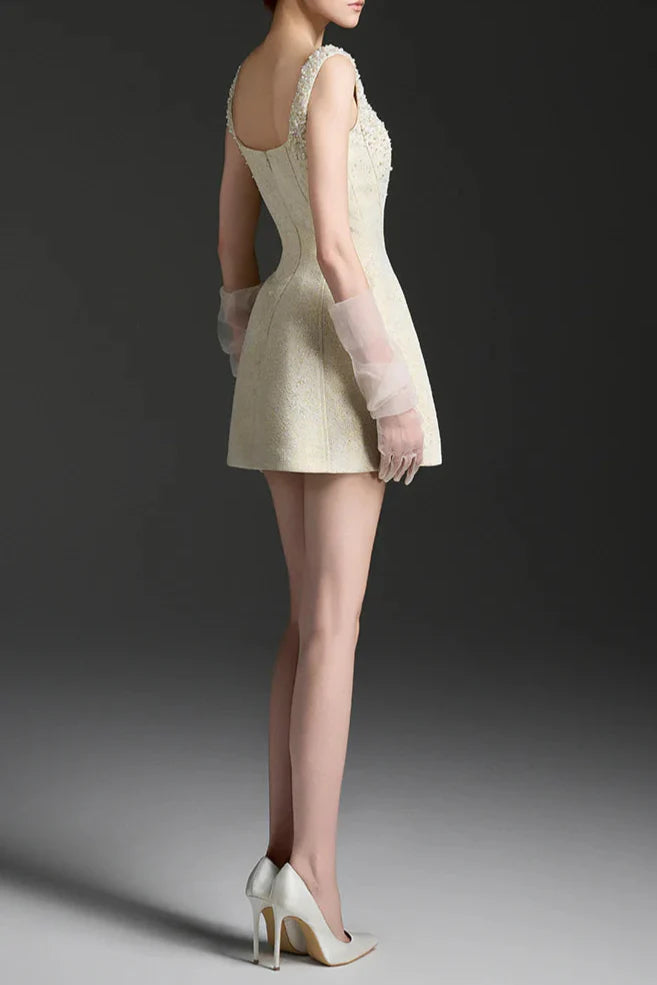 Cora Light Yellow Silk Lined Lacquered Brocade Mini Dress Avalabel