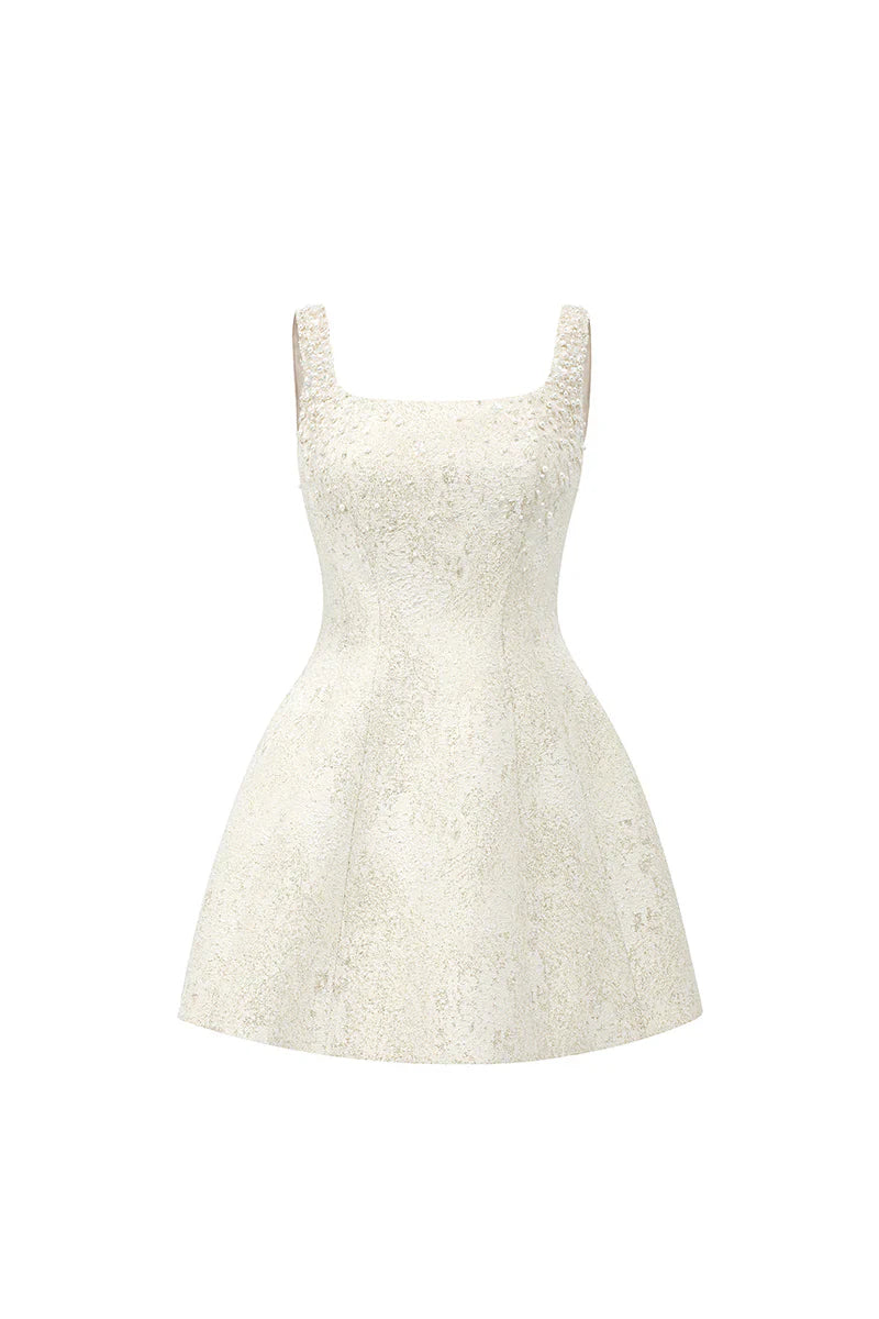 Cora Light Yellow Silk Lined Lacquered Brocade Mini Dress Avalabel