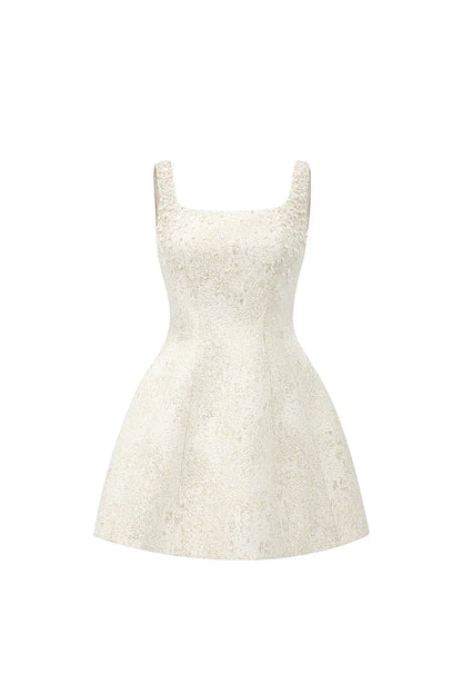 Cora Light Yellow Silk Lined Lacquered Brocade Mini Dress