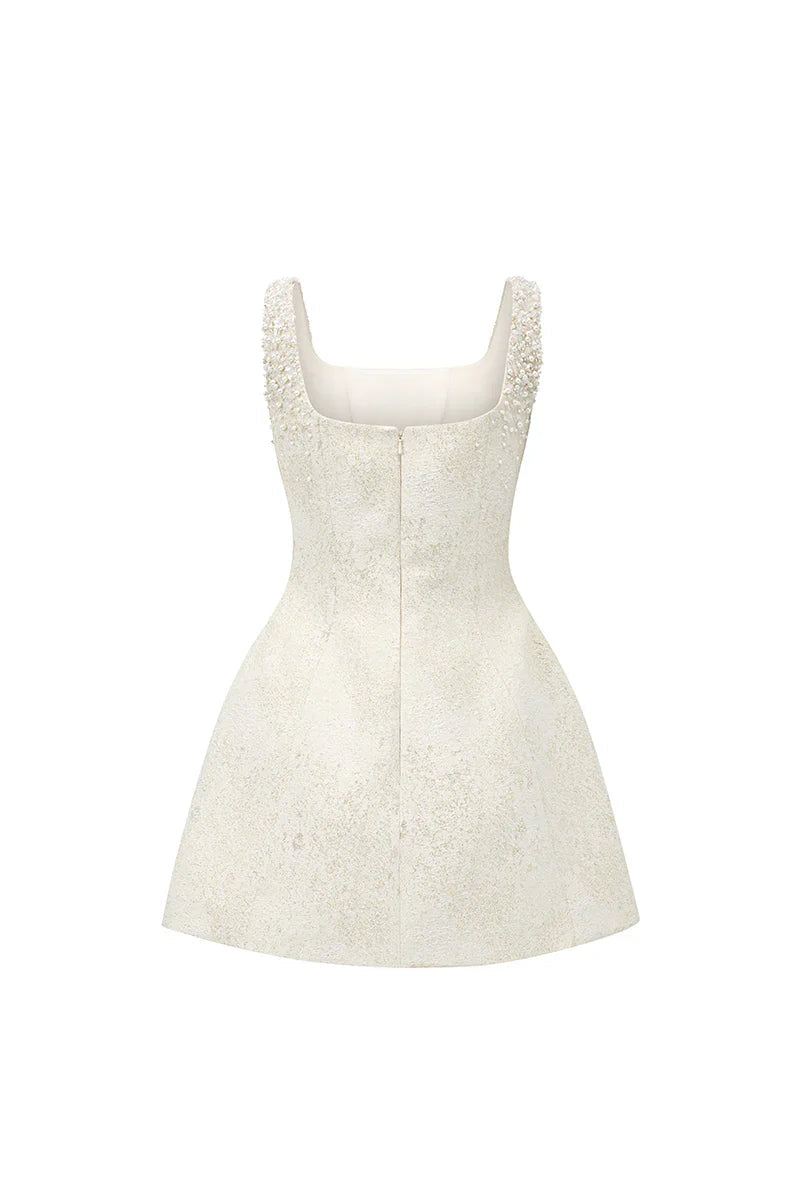 Cora Light Yellow Silk Lined Lacquered Brocade Mini Dress Avalabel