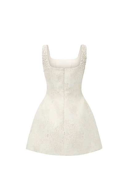 Cora Light Yellow Silk Lined Lacquered Brocade Mini Dress
