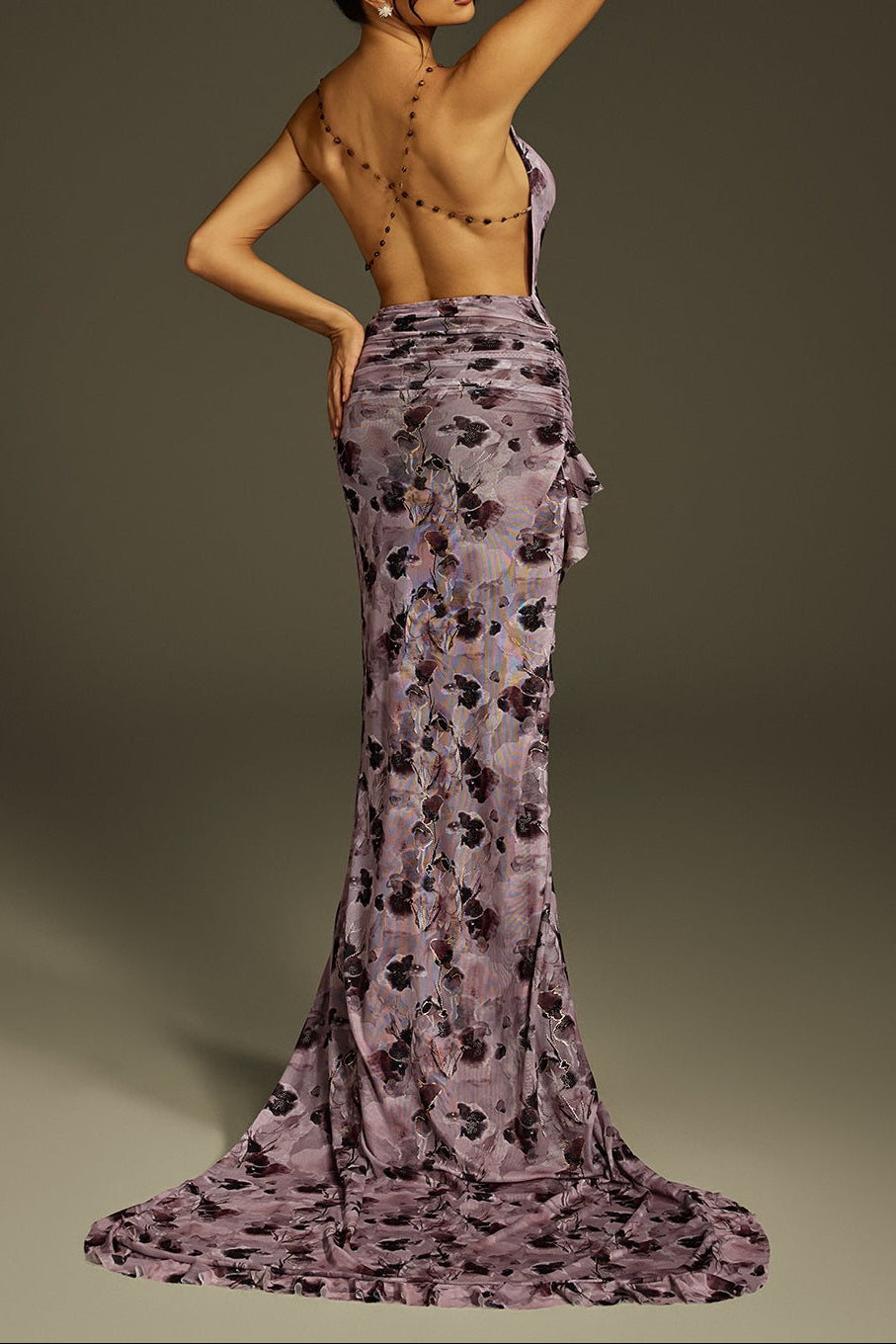 ashley Backless Printed High Low maxi Dress in purple Avalabel