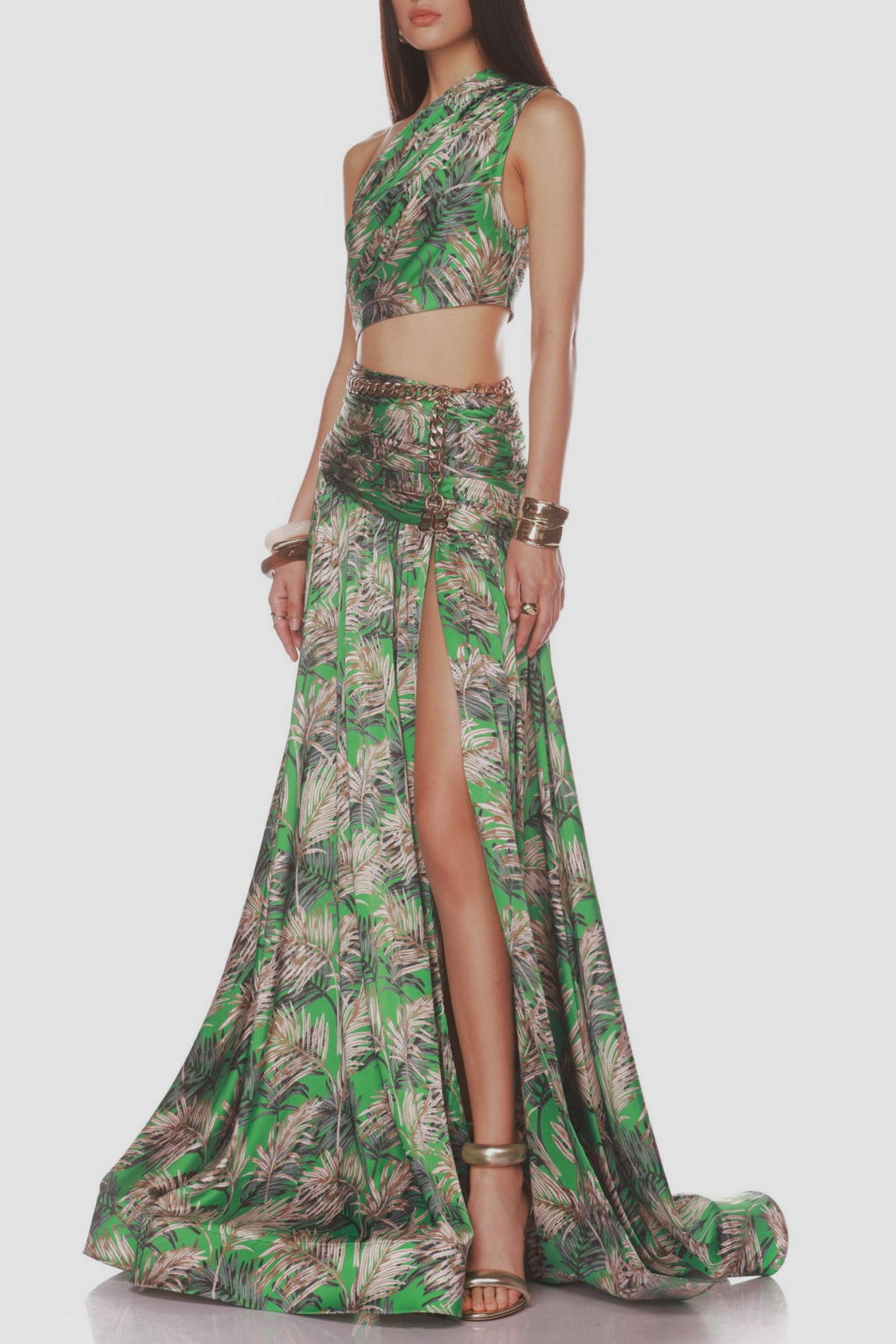 One Shoulder Leave Print Two Piece Set Avalabel