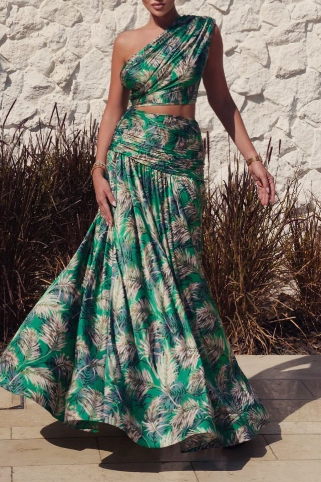 One Shoulder Leave Print Two Piece Set Avalabel