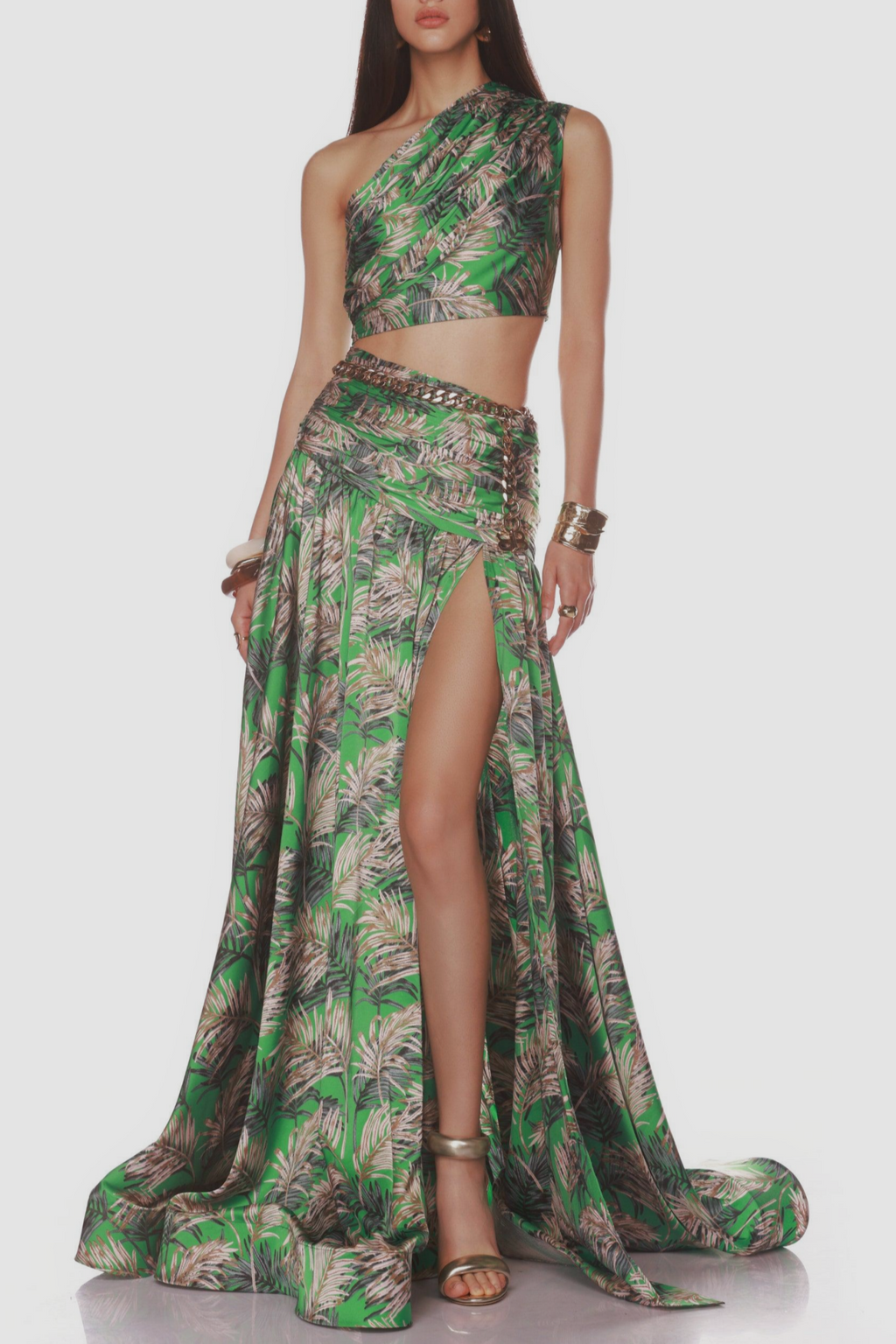 One Shoulder Leave Print Two Piece Set Avalabel