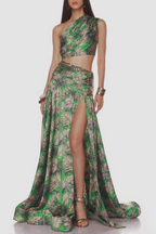 One Shoulder Leave Print Two Piece Set Avalabel