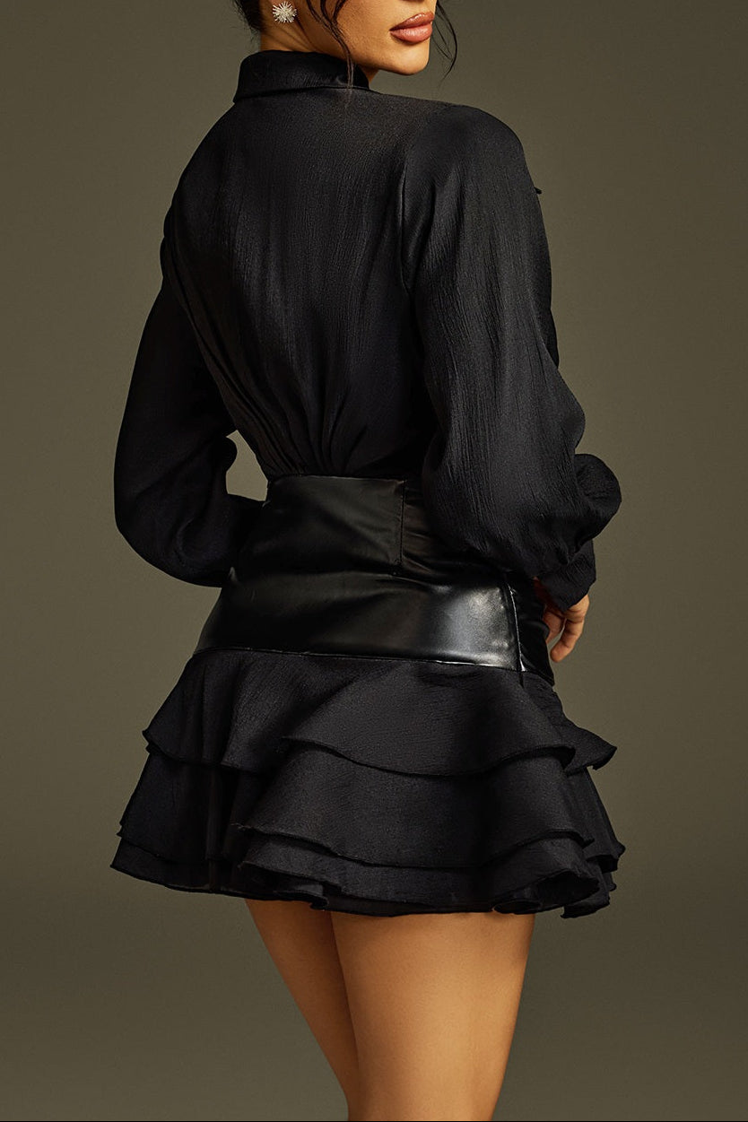 mandy Collar Ruched Ruffle Mini Dress in black Avalabel