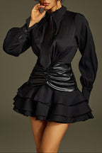 mandy Collar Ruched Ruffle Mini Dress in black Avalabel