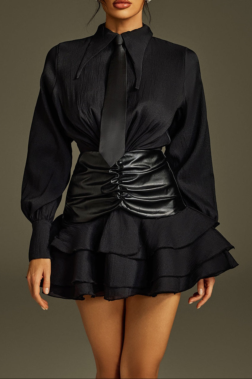mandy Collar Ruched Ruffle Mini Dress in black Avalabel
