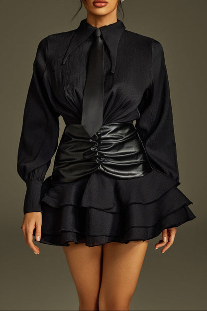 mandy Collar Ruched Ruffle Mini Dress in black