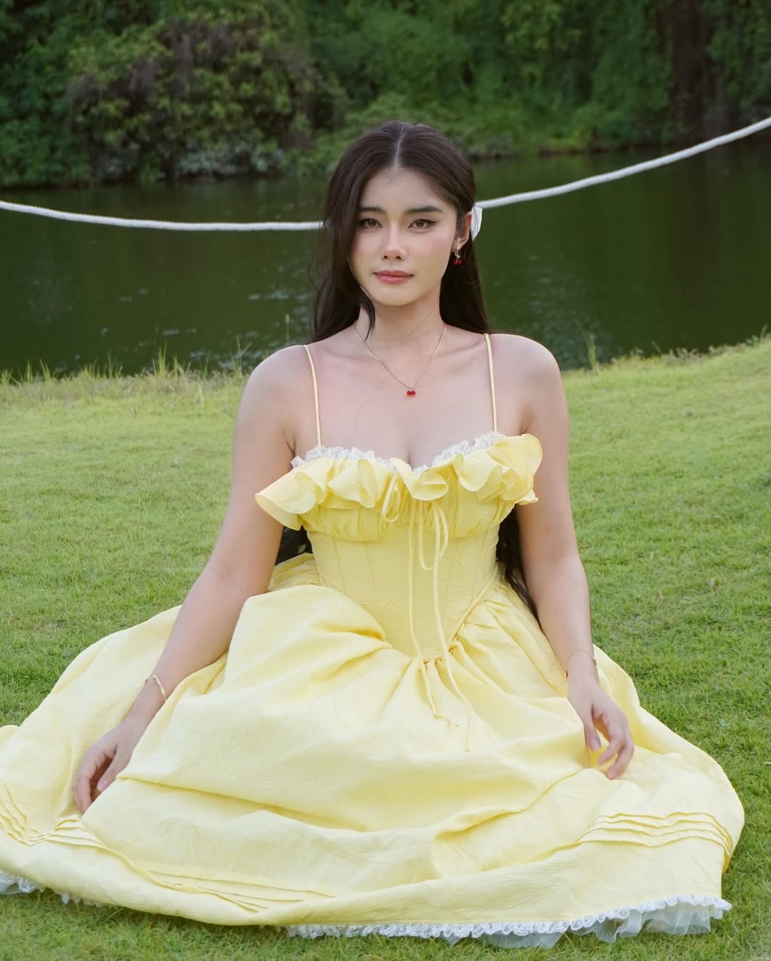 ruffle corset puffy maxi dress in yellow Avalabel
