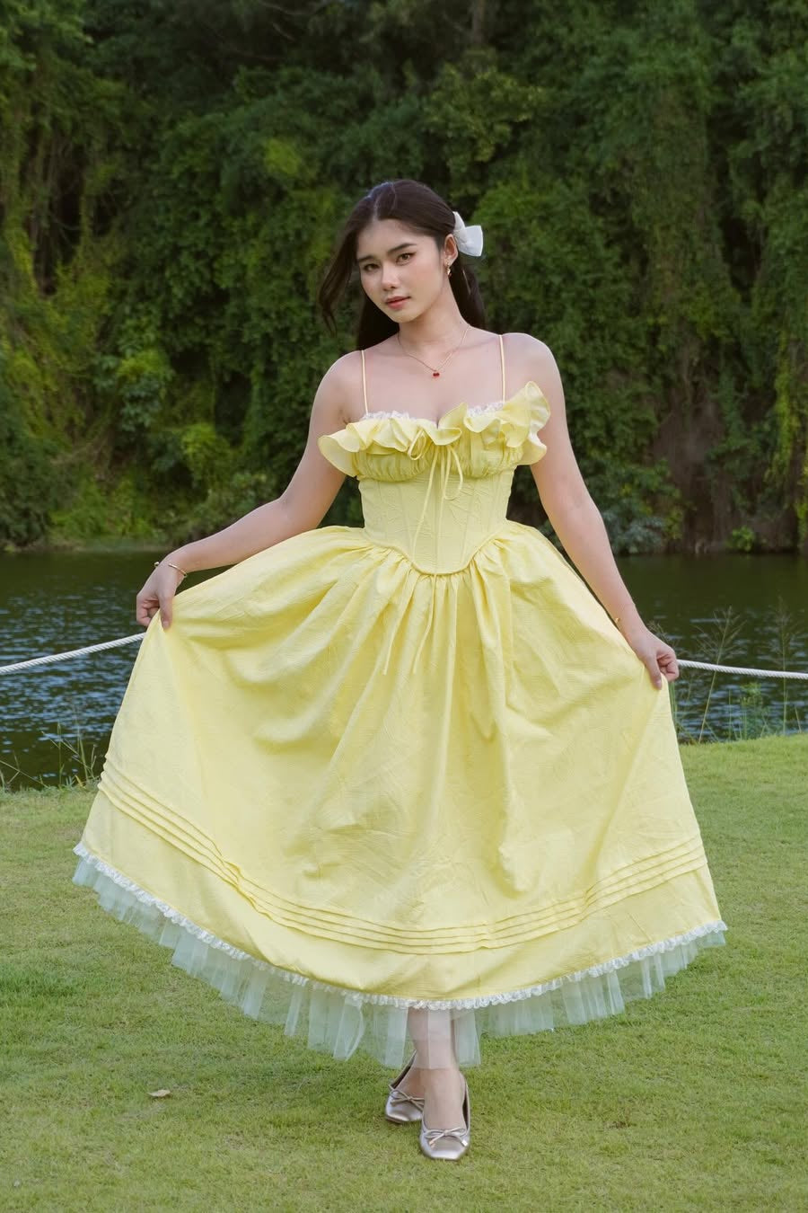 ruffle corset puffy maxi dress in yellow Avalabel