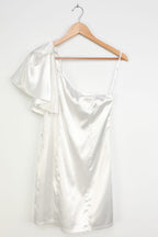 White Satin One-Shoulder Mini Dress Avalabel
