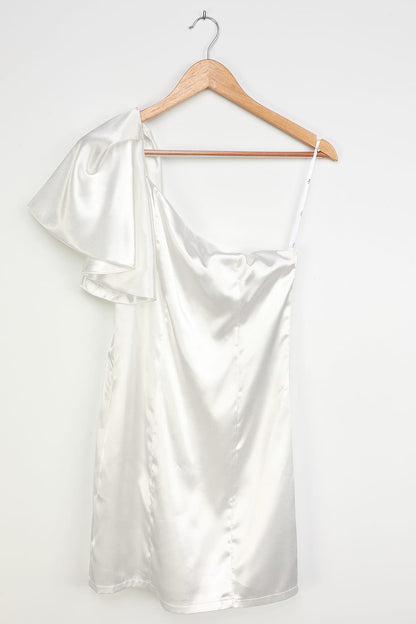 White Satin One-Shoulder Mini Dress Avalabel