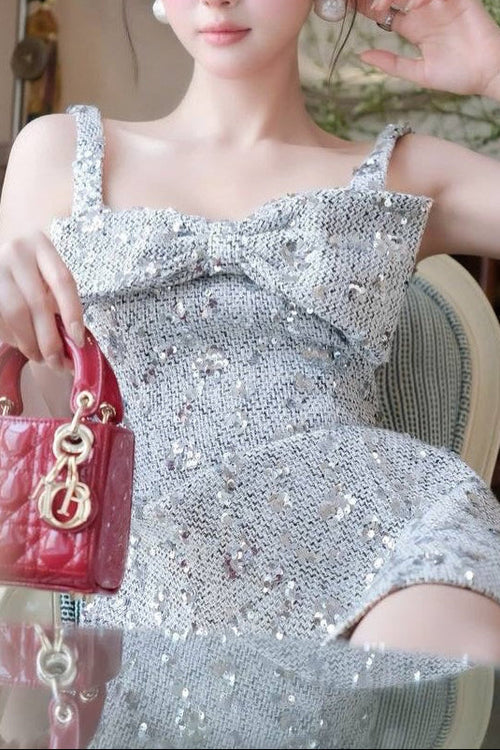 Anila Sequin Bow Slip Mini Dress in Silver Avalabel
