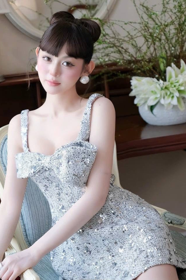 Anila Sequin Bow Slip Mini Dress in Silver Avalabel