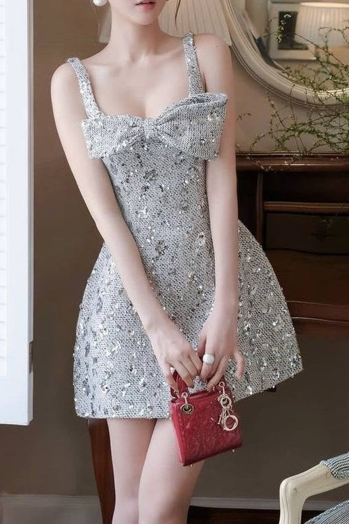 Anila Sequin Bow Slip Mini Dress in Silver Avalabel