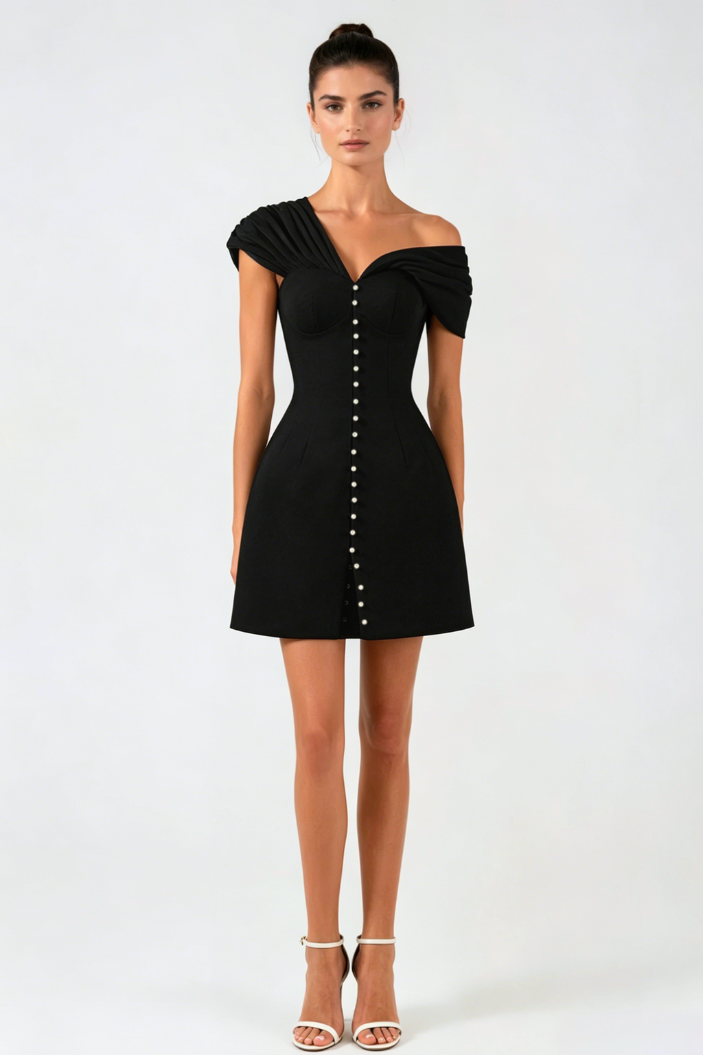 Luzasa Off Shoulder Buttoned Mini Dress - Black Avalabel