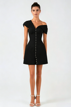 Luzasa Off Shoulder Buttoned Mini Dress - Black Avalabel