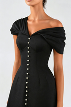 Luzasa Off Shoulder Buttoned Mini Dress - Black Avalabel