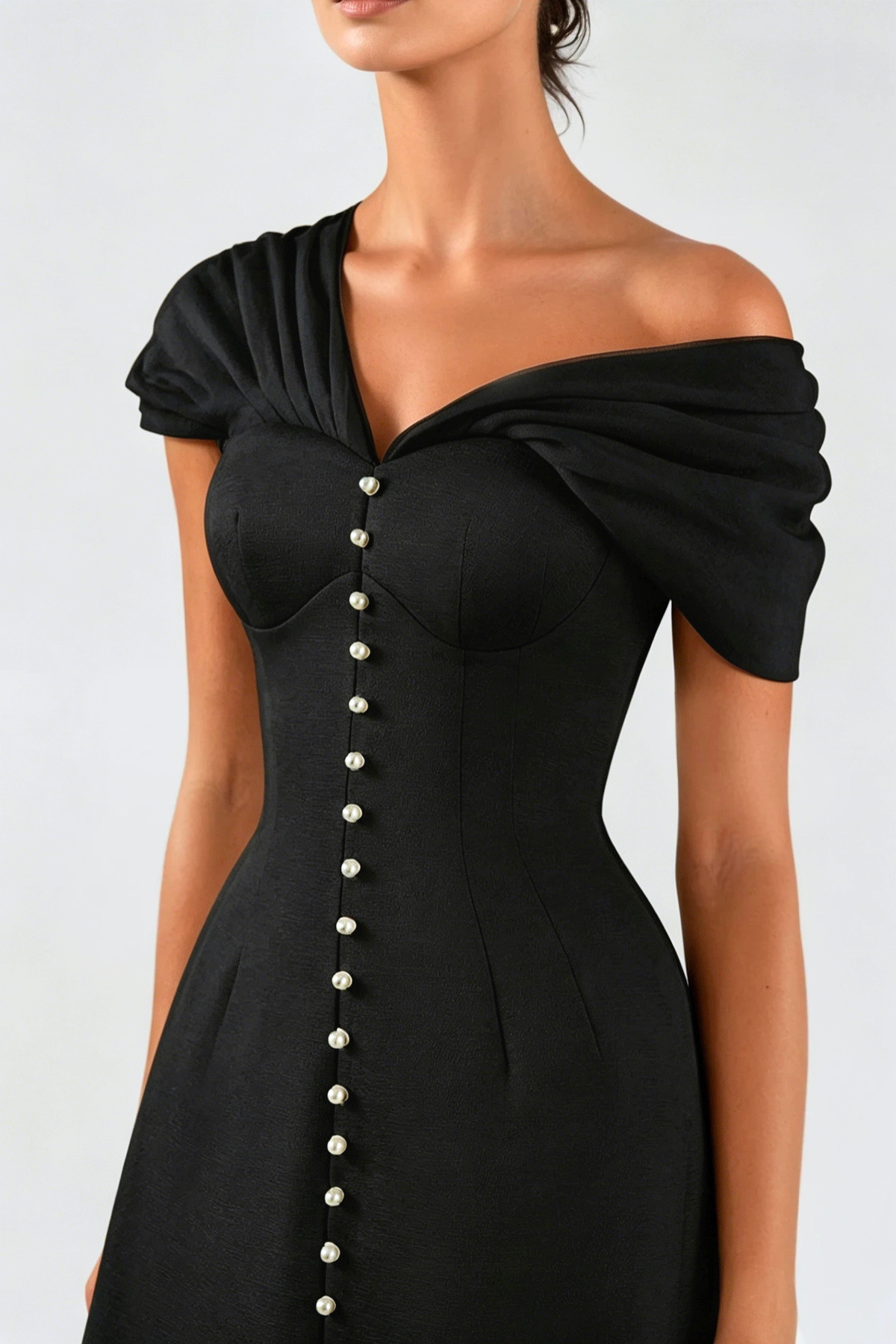 Luzasa Off Shoulder Buttoned Mini Dress - Black Avalabel