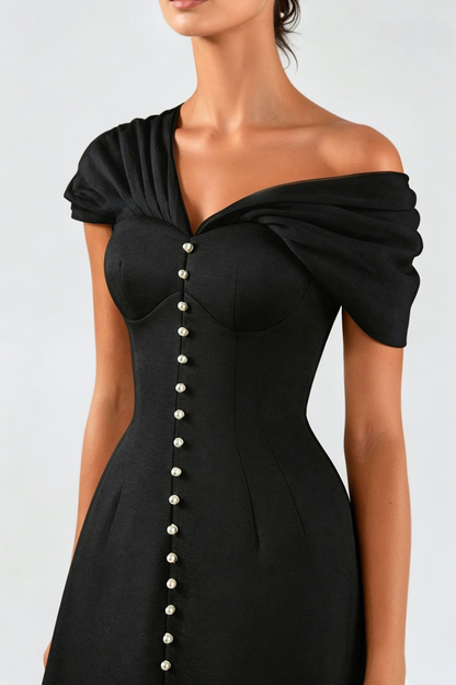 Luzasa Off Shoulder Buttoned Mini Dress - Black Avalabel