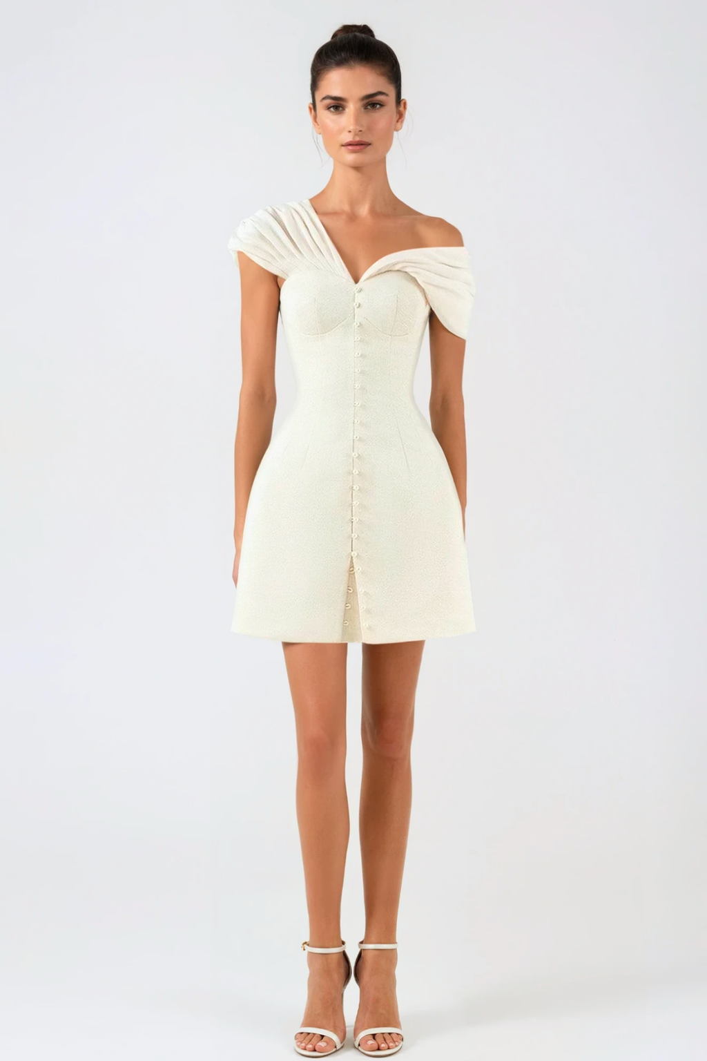 Luzasa Off Shoulder Buttoned Mini Dress - White Avalabel