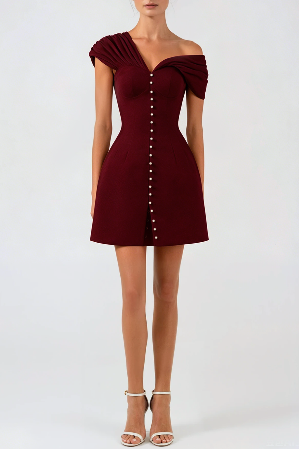 Luzasa Off Shoulder Buttoned Mini Dress - Wine Avalabel