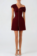 Luzasa Off Shoulder Buttoned Mini Dress - Wine Avalabel