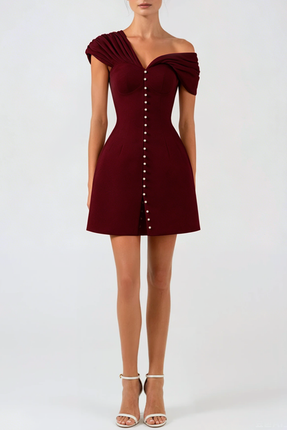 Luzasa Off Shoulder Buttoned Mini Dress - Wine Avalabel