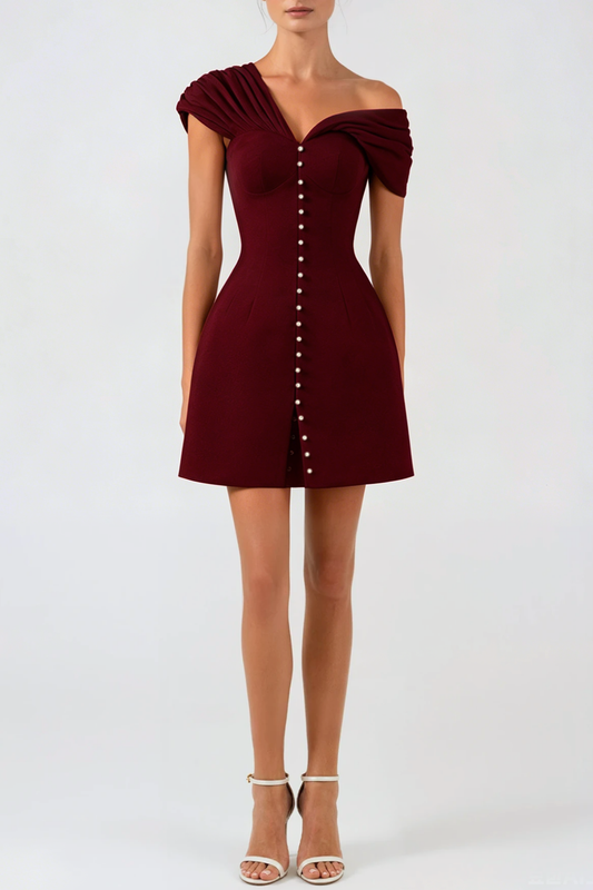 Luzasa Off Shoulder Buttoned Mini Dress - Wine Avalabel