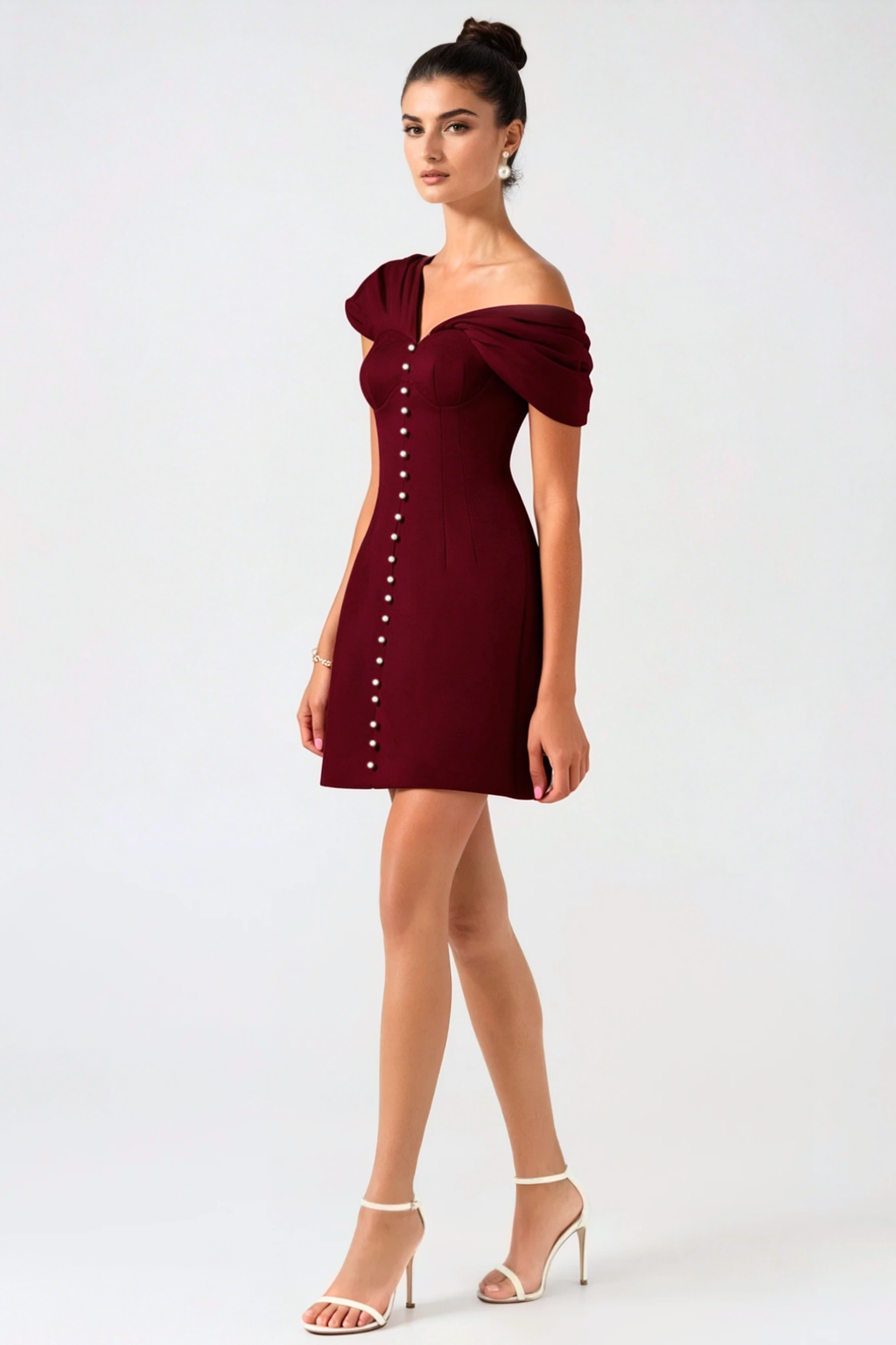 Luzasa Off Shoulder Buttoned Mini Dress - Wine Avalabel