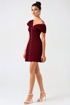 Luzasa Off Shoulder Buttoned Mini Dress - Wine Avalabel