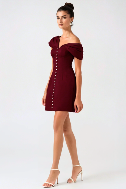 Luzasa Off Shoulder Buttoned Mini Dress - Wine Avalabel