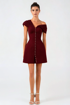 Luzasa Off Shoulder Buttoned Mini Dress - Wine Avalabel