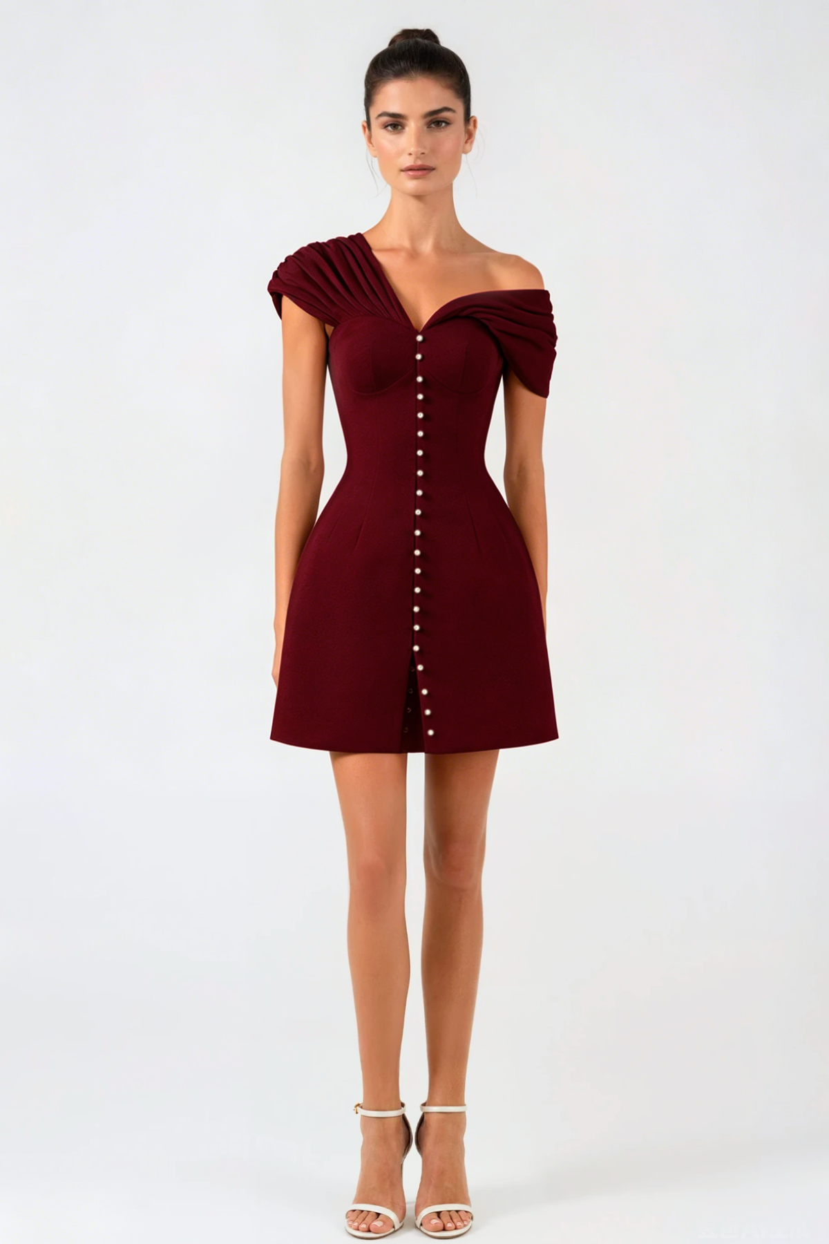 Luzasa Off Shoulder Buttoned Mini Dress - Wine Avalabel